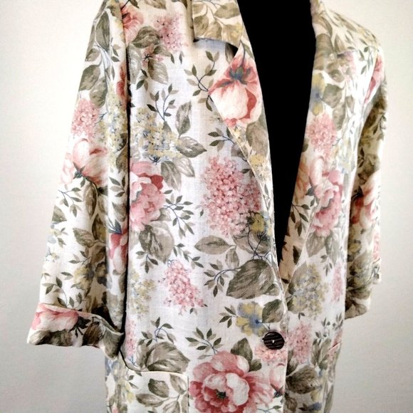 Joanna Sport Women Jacket Beige Floral Boyfriend Blazer Size Medium Vintage Rose - Picture 8 of 12